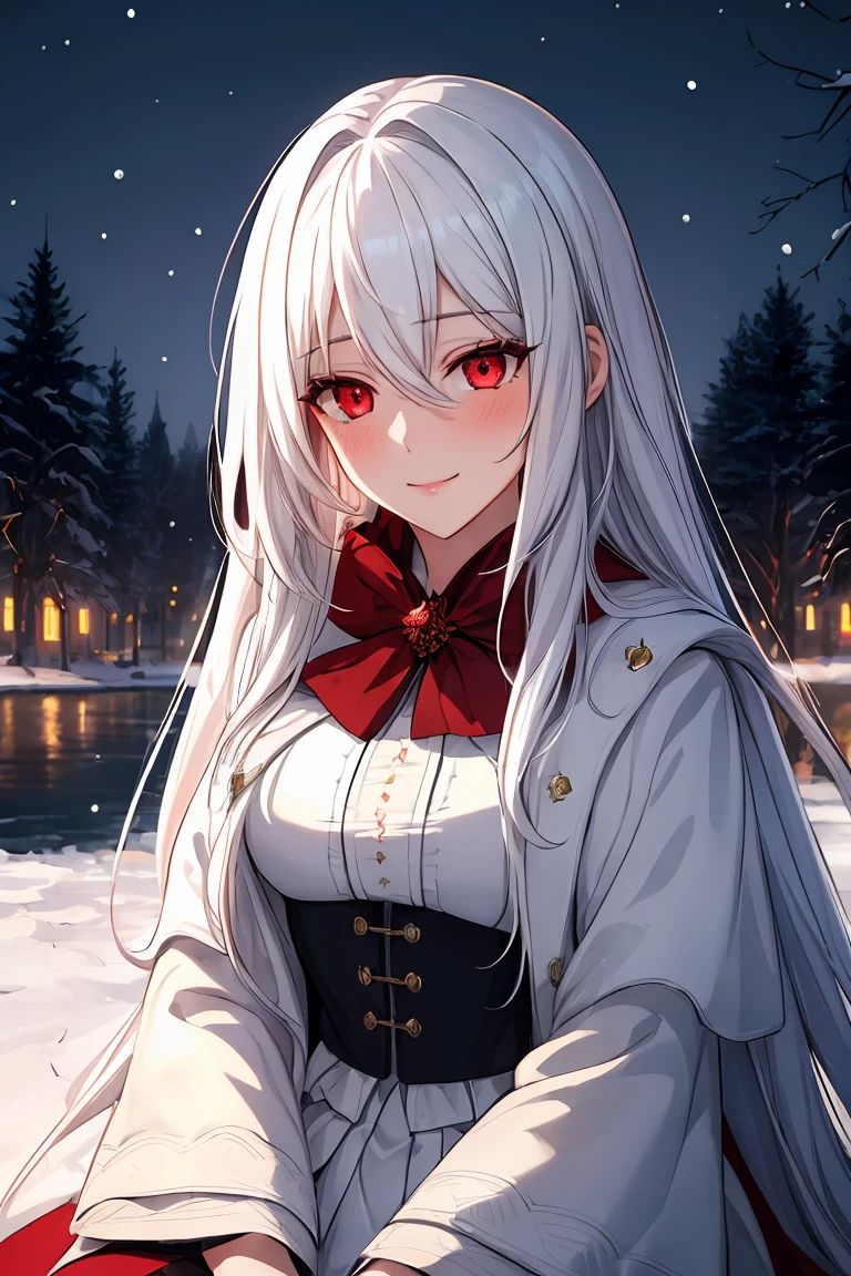(fantasy-style:1.2), romance manhwa, (masterpiece, best quality, ultra detailed:1.4), realistic, 1girl, white_hair, blush, long_hair, looking_at_viewer, smile, swept_bangs, very_long_hair, (red_eyes:1.2), glowing skin, from_below, high contrast, hair between eyes, long coat
sitting by a lake
detailled background, snow, snowfall, ssnowflakes, ice, colds, trees, lantern, at night
mature female, milf, motherly