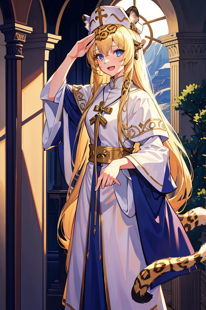 cinematic lighting, 8K, masterpiece, solo, 1 girl, (tail:1.3),(tail : leopard), blonde hair, long hair, blue eyes, (white priest clothes:1.2), tall hats, holding wand, standing, open mouth, smile, salute, scenery, look at viewer