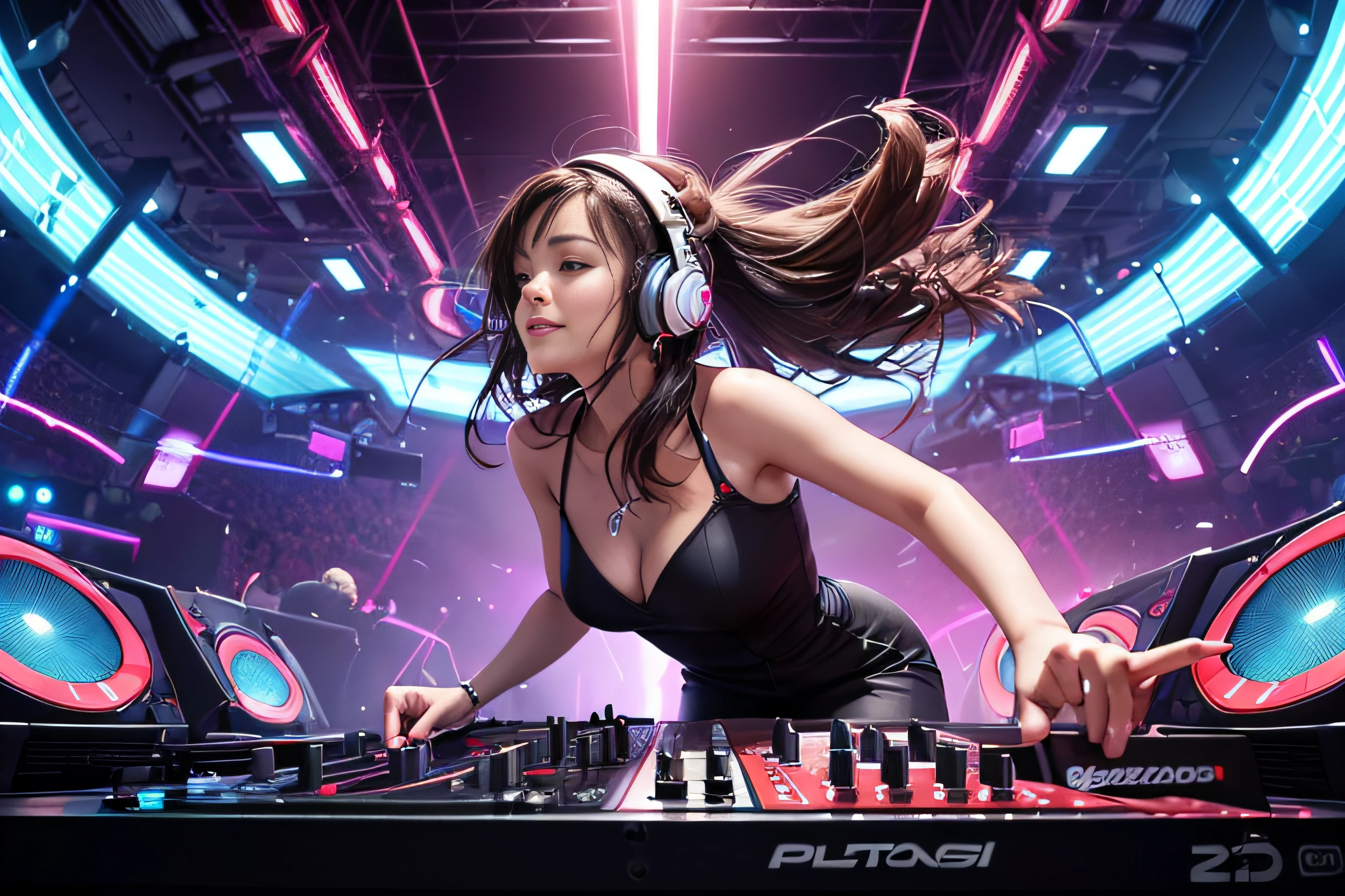 (masterpiece:1.3),(best qualtiy:1.2),8K,Absurde,8K Wall Pupper Unit, (ighly detailed:1.3), highest grade, realist, blured background, Blurry close-ups, (1girl in:1.2),She wears a tight dress, It's your youth々Emphasizes the curves of the body, Have a sexy look, (earbuds:1.1),(Neon light:1.1),Mechanical headwear, (mechanical wing:1.1),frown,(Dynamic Pose:1.1),(Floating hair:1.2),(disc jockey:1.2),(Psikoderic:1.2),Dynamic Pose,(electric wires:1.1), (beams of light:1.2),I open my eyes, septum, Smiling,(Music:1.2), cables, God Lightning,(Inside:1.2),From Side,(musical instrument:0.7),Desperate, Warm, Energetic, Formidable, eletrizante, stimulant,Dynamic ,Thrilling ,Explosive, Awaken, (cluster:1.2),llight rays, Neon light, electric fan, (electricity:1.2), (electronic music:1.1),(Sound Mixing:1.3),