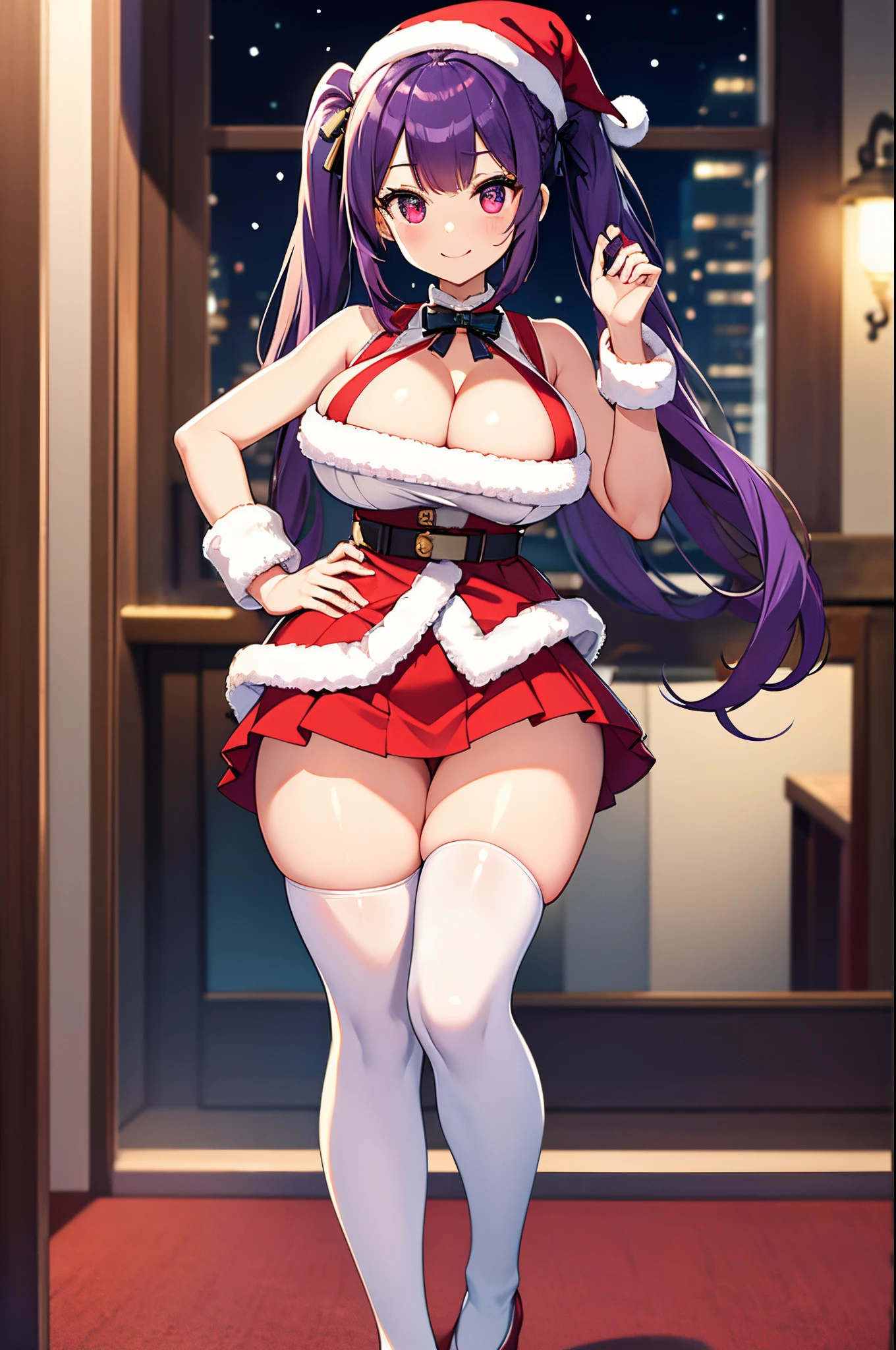 8K、Best Quality、white Christmas、独奏、a beauty girl、delicated face、a smile、Long pigtails、Purple hair、red eyes、cleavage of the breast、Colossal tits:1.8、big butts:5.5、big breasts thin waist、Beautiful constriction、shinny skin、beauty legs、Red and white Santa clothes、streaked々knee sox、Santa's Hat、Santa's Skirt、