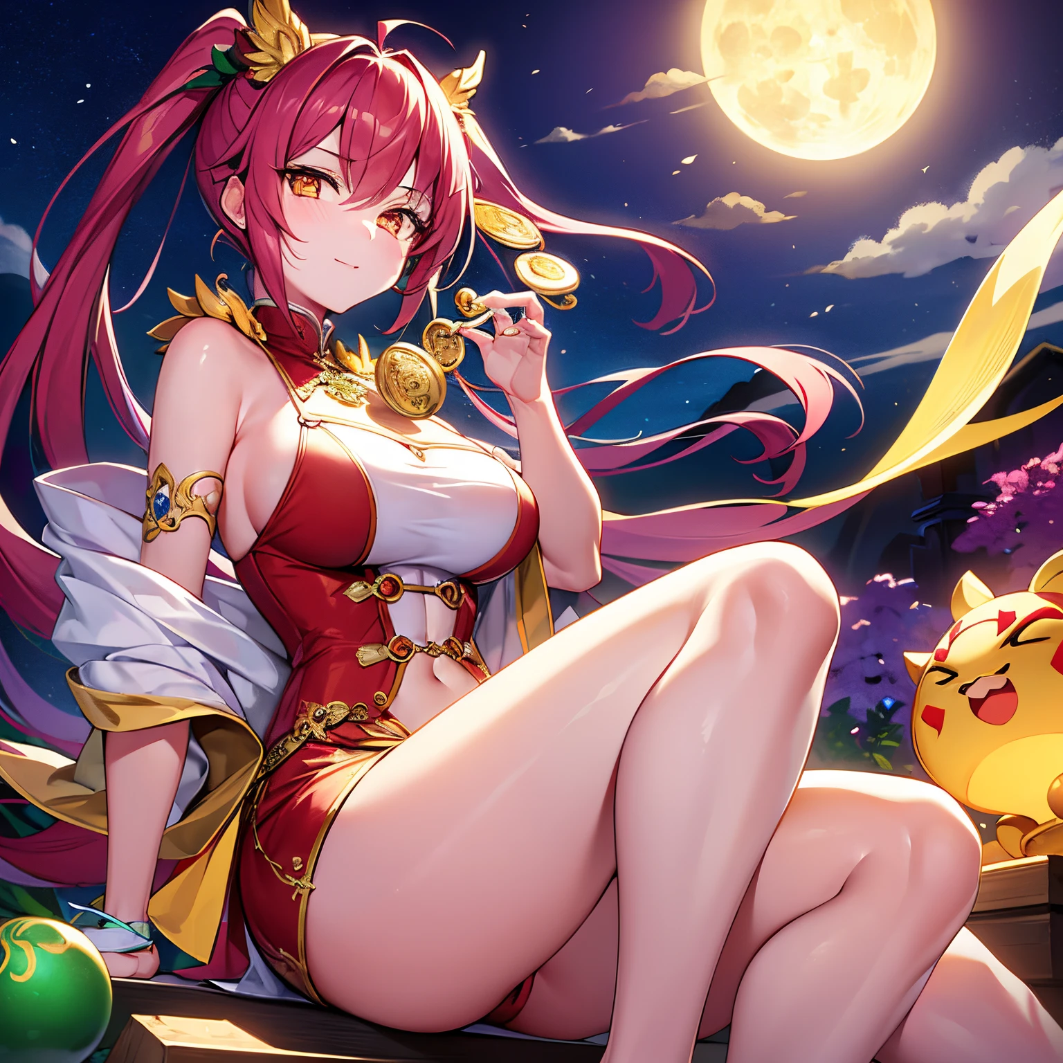 Upright Pixiu,high detal, tmasterpiece, high qulity, floating gold ring,jade,Full moon,with light glowing,a plant