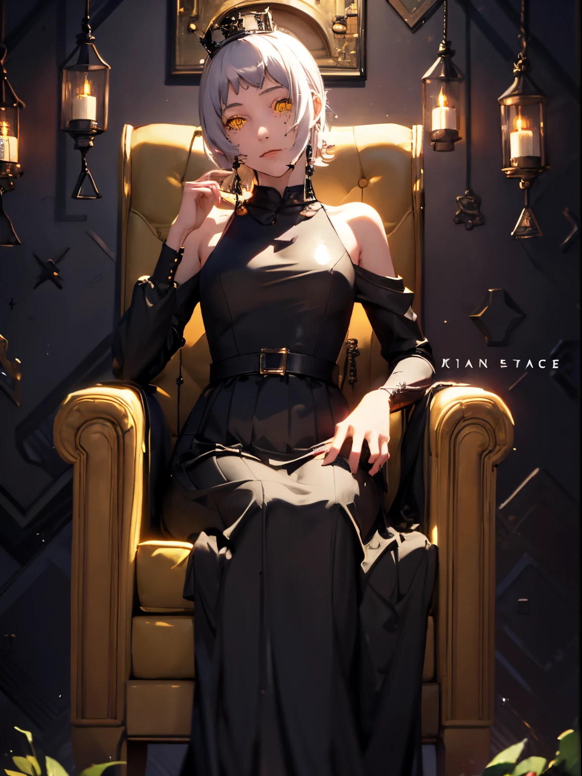 best quality, masterpiece, 1girl, yellow eyes, big yellow crown, crown, queen, black dress, shoulders, throne, Roses, shiny natural skin texture, long dress, small waist, cat