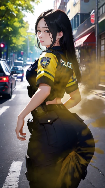 ((velocity)),Attacked by farts, (((Women farting))),(girl farting while stand)),velocity,)(a female police),(wearing a police uniform and skirt),(her butt facing screen)) (long black hair),(Asian woman),(crime scene outdoor),(masterpiece:1.2、top-quality, best-quality)、(the Extremely Detailed CG Unity 8K Wallpapers、ultra-detailed、Best Shadows)、(细致背景)、(The best lighting、extremely delicate and beautiful)、depth of fields、1girl in、独奏、upward looking gaze、