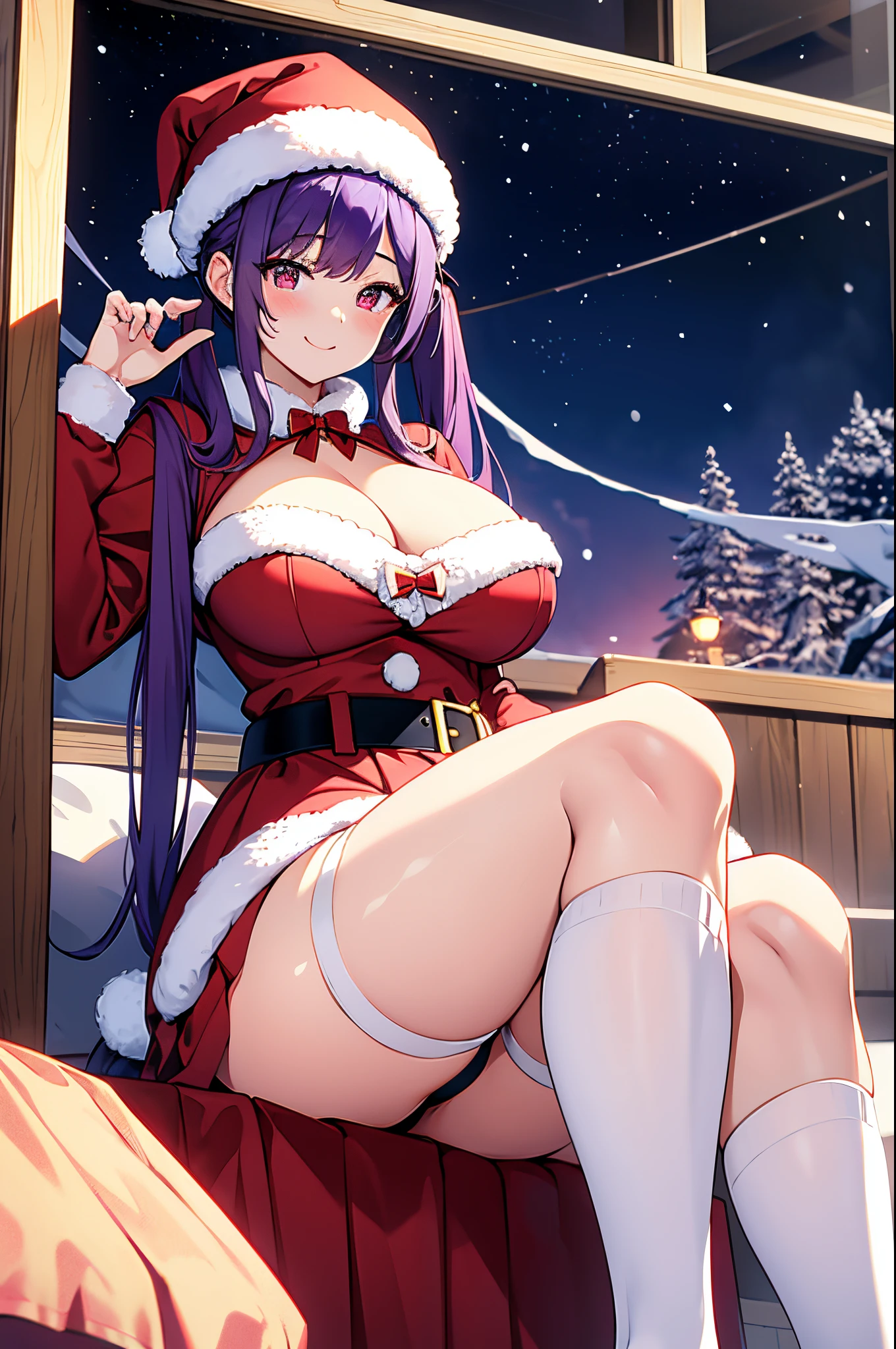 ８K、Best Quality、white Christmas、独奏、a beauty girl、delicated face、a smile、Long pigtails、Purple hair、red eyes、cleavage of the breast、Colossal tits:1.8、big butts:5.5、big breasts thin waist、Beautiful constriction、shinny skin、beauty legs、Red and white Santa clothes、streaked々knee sox、Santa's Hat、Santa's Skirt、