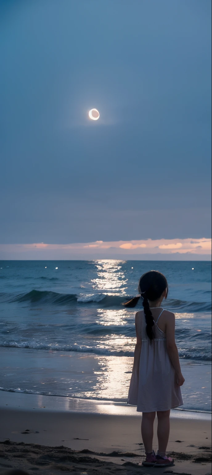 natta,The moon is bright,A little girl with pigtails sat sadly on the beach blowing the sea breeze。