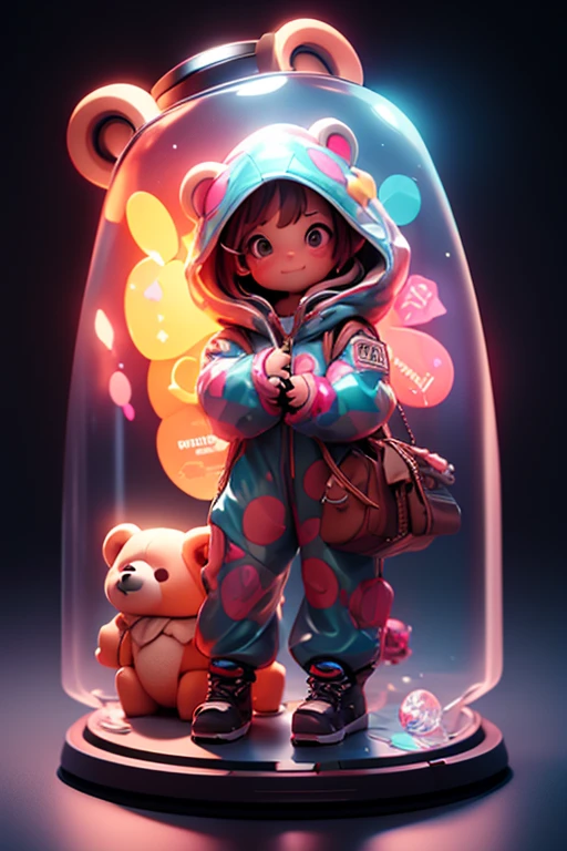full body,super cute gril, little girl, happy, beartransparent raincoat, bear transparent fluorescenttranslucent holographic pajamas, blind box, popmart design,holographic,diamond luster, metallictexture,fluorescent, holographic,exaggeratedexpressions and movements,raincoatGirl holds atransparent water bottle in her hand, bright light,clay material,precision mechanical parts,close-upintensity,3d,ultra-detailed,C4D ,octane rendering,with bear, Blender,8K,HD