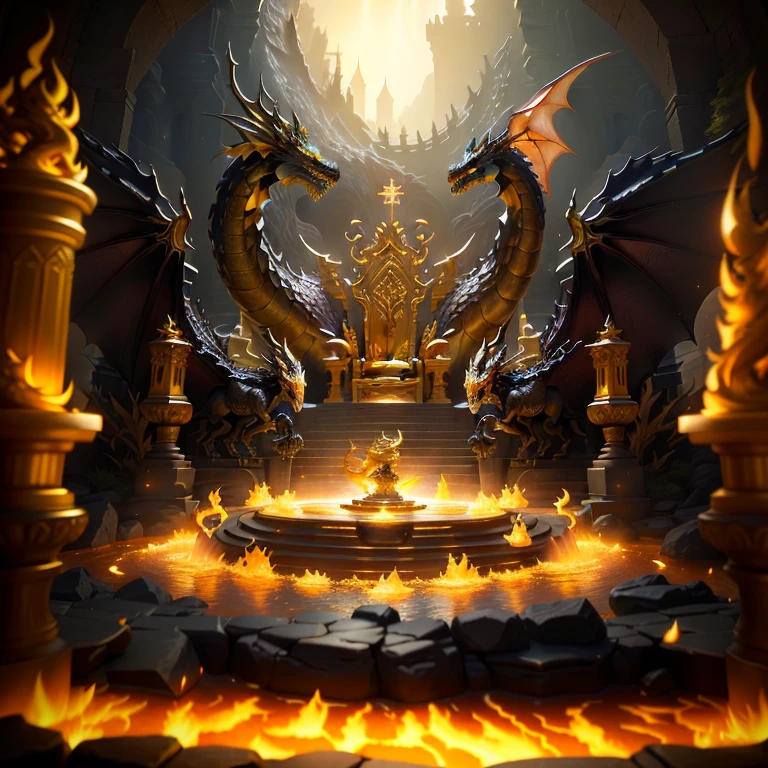 There is a very large dragon statue in the center of the fountain, dragon in dragon&#39;s lair, unreal engine fantasy art, Stunning fantasy 3d rendering, Art Station Contest Winners, epic fantasy digital art style, Golden Throne, 8K high quality detail art, glowing throne, fantasy art behance, Holy Fire Spell Art, Golden Throne, 4K detail fantasy