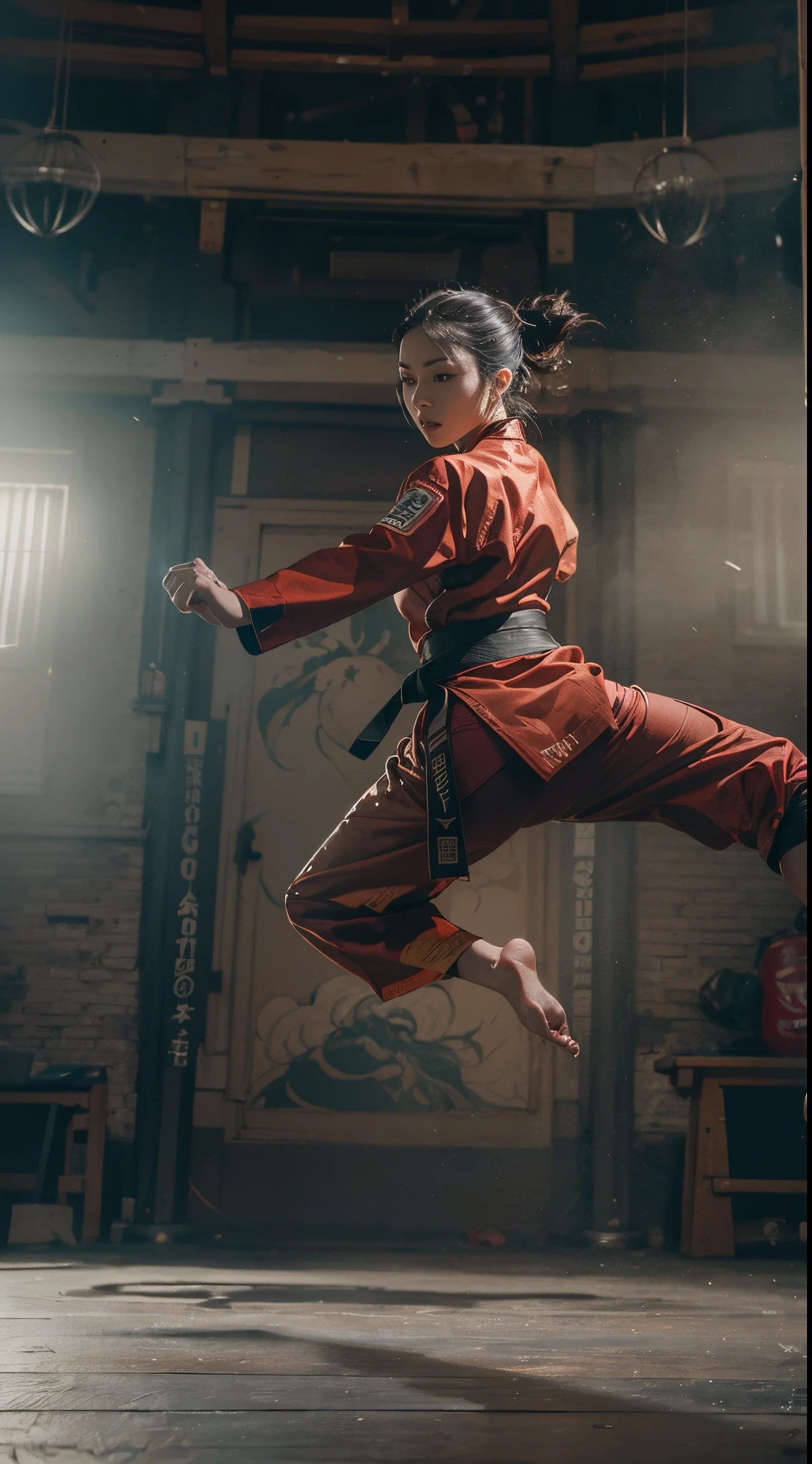 8k, best quality, highres, realistic, real person, A female martial artist in a fighting tournament, captured in a dynamic pose as she performs a spectacular back spinning kick, soaring through the air. The scene emphasizes her agility and the fluidity of her movement, showcasing the elegance and power of her martial arts skills in a high-energy moment.