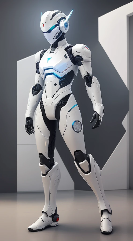 Close-up of a robot standing in a room with walls, in white futuristic armor, echo from overwatch, sci - fi suit, SCI - FI Characters, science fiction suit, Streamlined white armor, scifi character, sci-fi character concept, sci-fi character concept, Sleek streamlined white armor, Modern clean white armor, detailed full-body concept、posterior view