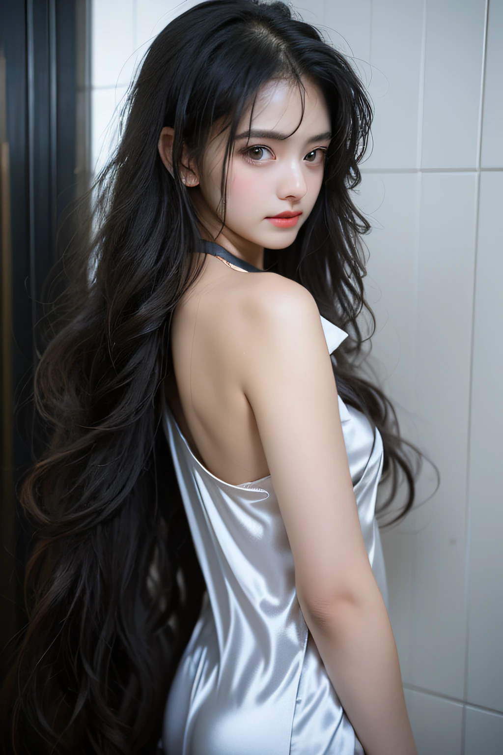sexy girl in bathroom,Wet pubic hair,Charming eyes,Heartwarming action,from the rear,Turn your face away from the camera,stooped,Bend over,turn back,Look up at your head,transparent silk pajamas ,barechested,thick long hair,Highly detailed body,Highly detailed face,best qualtiy