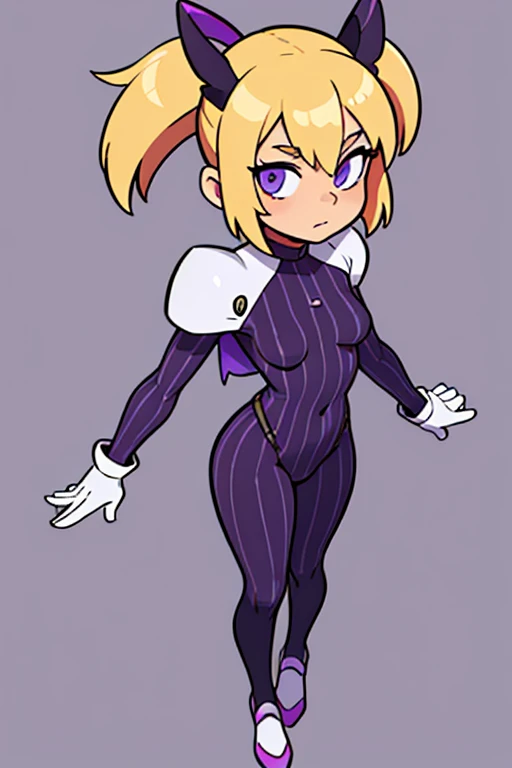 (best quality), (flat shading style 2), 1girl, white blank background, looking at viewer, full body, blonde, purple and black bodysuit, vertical stripes, standing