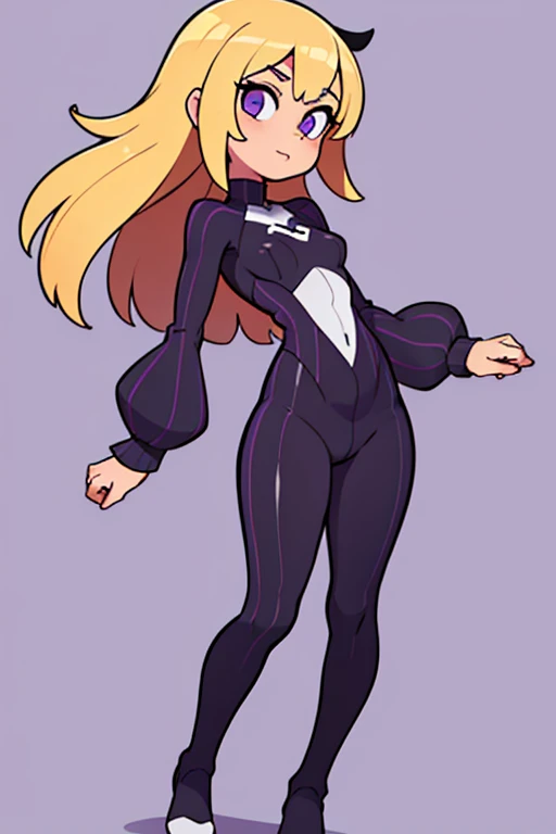 (best quality), (flat shading style 2), 1girl, white blank background, looking at viewer, full body, blonde, purple and black bodysuit, vertical stripes, standing