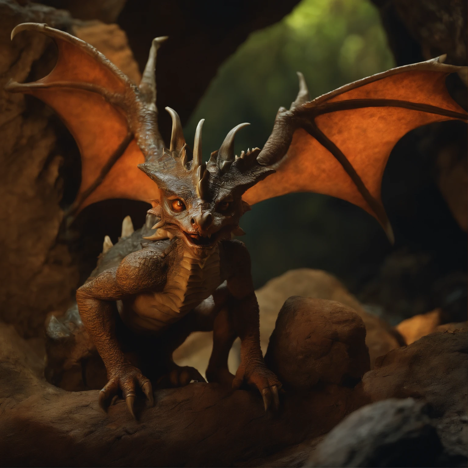 In the cave，Small male goblins, likeness of a dragon, leathery wings, antlers...