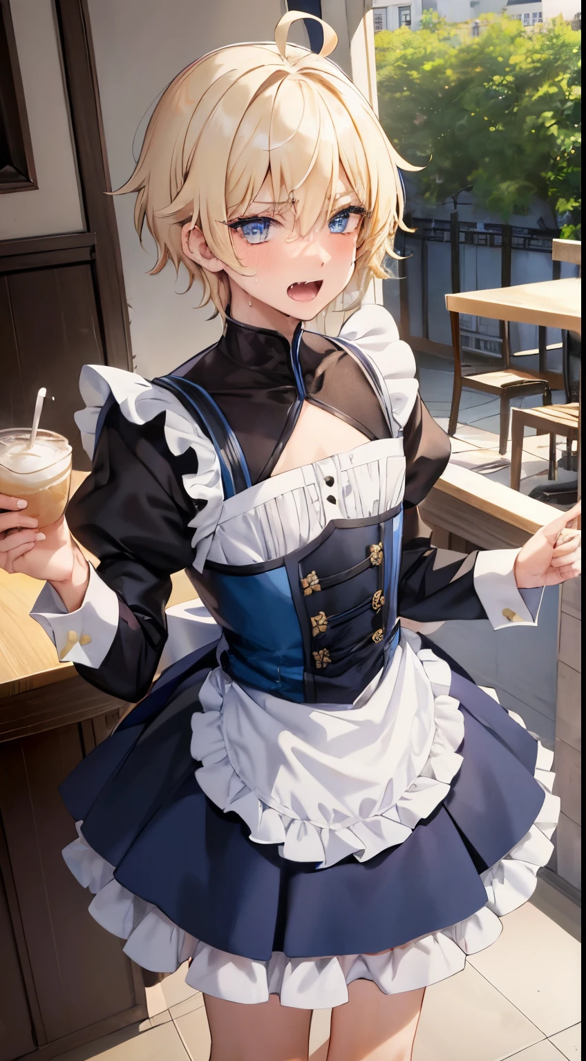 1boy, , male, ahoge, Bangs, 鎖骨, looking at another, male focus, Short hair, Sketch, the sweat, blond hair, blue eyes, Only top, pointed ears, fangs, fluffy hair, teenaged, shoulder-length hair, Maid's dress, Stockings, blusher, Holding skirt, in a cafe