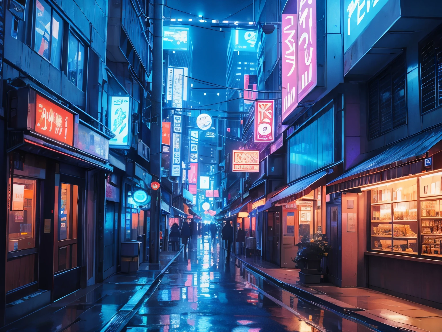 masuter piece Best Quality Downtown at night Blue theme neons Near future cyberpunked Narrow road shopping street