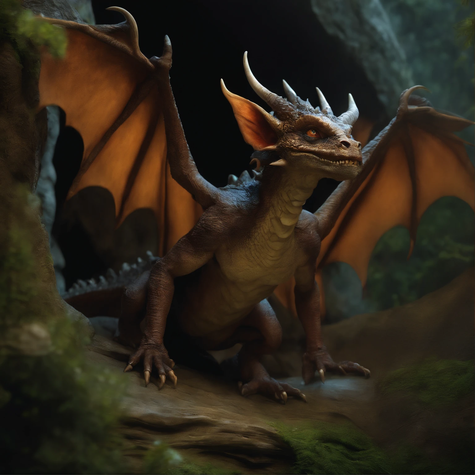 In the cave,Small male goblins, likeness of a dragon, leathery wings, antlers...