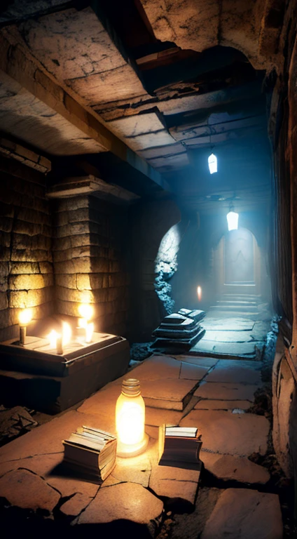 （Ancient underground style：1）There are secret rooms in ancient tombs，There is a stone table in the middle，Above the stone table is a book floating，glowing