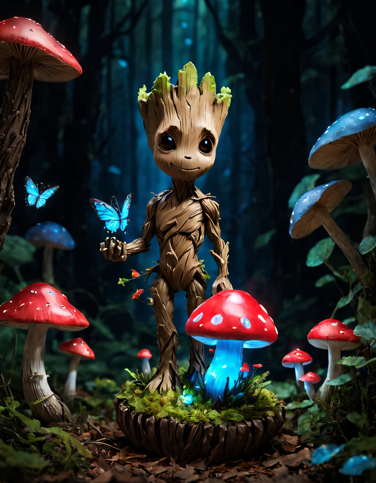 Mini Groot with charming colorful light mushrooms and butterflies,glowing red mushrooms,glowing blue,Mushroom rendering and Pixar