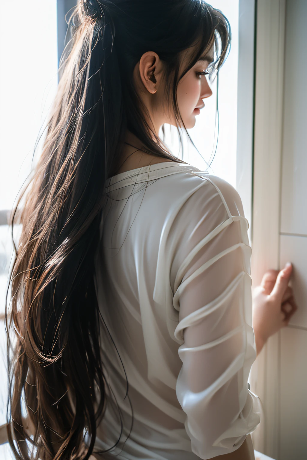 (8k, RAW photos, top quality, masterpiece: 1.2), (realistic, photorealistic: 1.37), , youthful innocence, striking black hair falling softly around her shoulders, deep brown eyes brimming with curiosity, dimly-lit bedroom, soft ambient lighting, glowing complexion, casual attire such as a loose t-shirt or hoodie, (high angle shot: 1.2), rear view profile, camera focus on the girl's beautiful face and long, flowing hair, (full body shot: 1.2), especially strong light highlighting her silhouette, (black hair: 