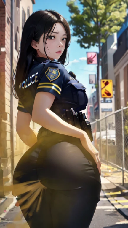 ((velocity)),Attacked by farts, (((Women farting))),(girl farting while stand)),velocity,)(a female police),(wearing a police uniform and tight skirt),(her butt facing screen)) (long black hair),(Asian woman),(crime scene outdoor),(masterpiece:1.2、top-quality, best-quality)、(the Extremely Detailed CG Unity 8K Wallpapers、ultra-detailed、Best Shadows)、(细致背景)、(The best lighting、extremely delicate and beautiful)、depth of fields、1girl in、独奏、upward looking gaze、