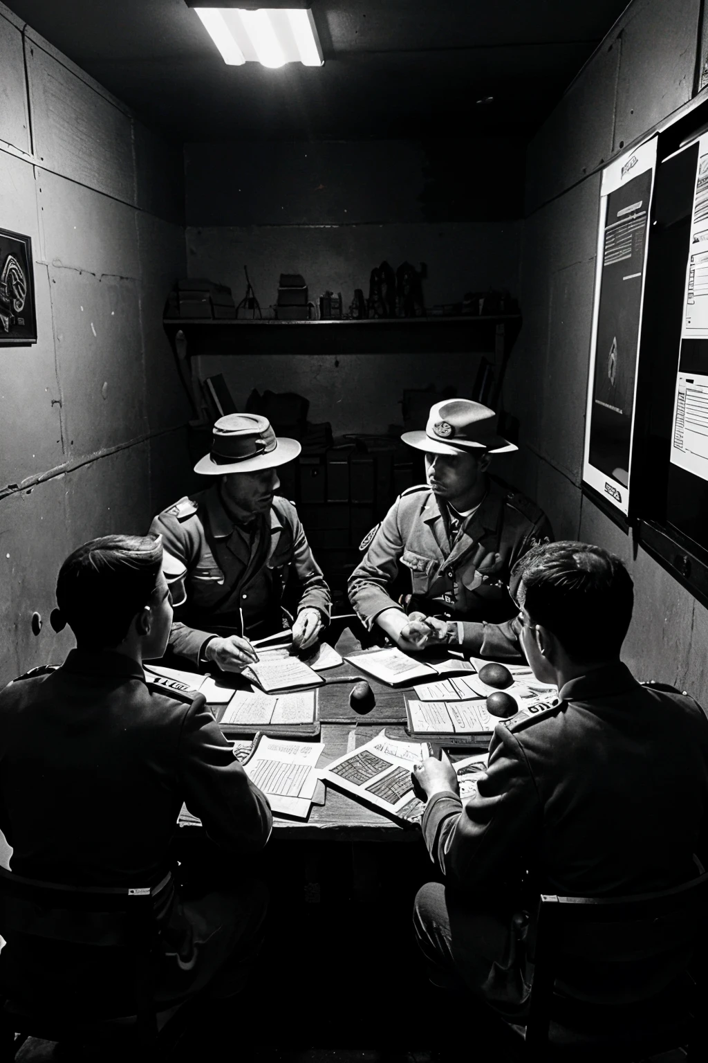 ww1, photo, monochrome, grainy_photo, soldiers_playing_dnd, dugout