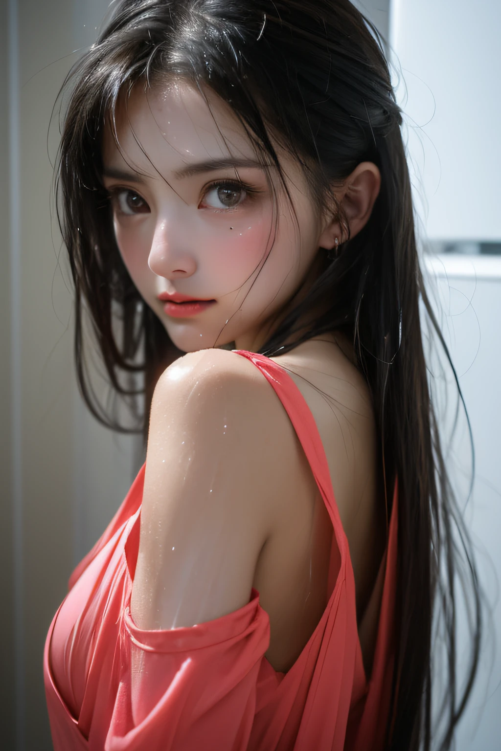 sexy girl in bathroom，Wet pubic hair，Charming eyes，Heartwarming action，from the rear，Turn your face away from the camera，stooped，Bend over，turn back，Look up at your head，transparent silk pajamas ，barechested，thick long hair，Highly detailed body，Highly detailed face，best qualtiy