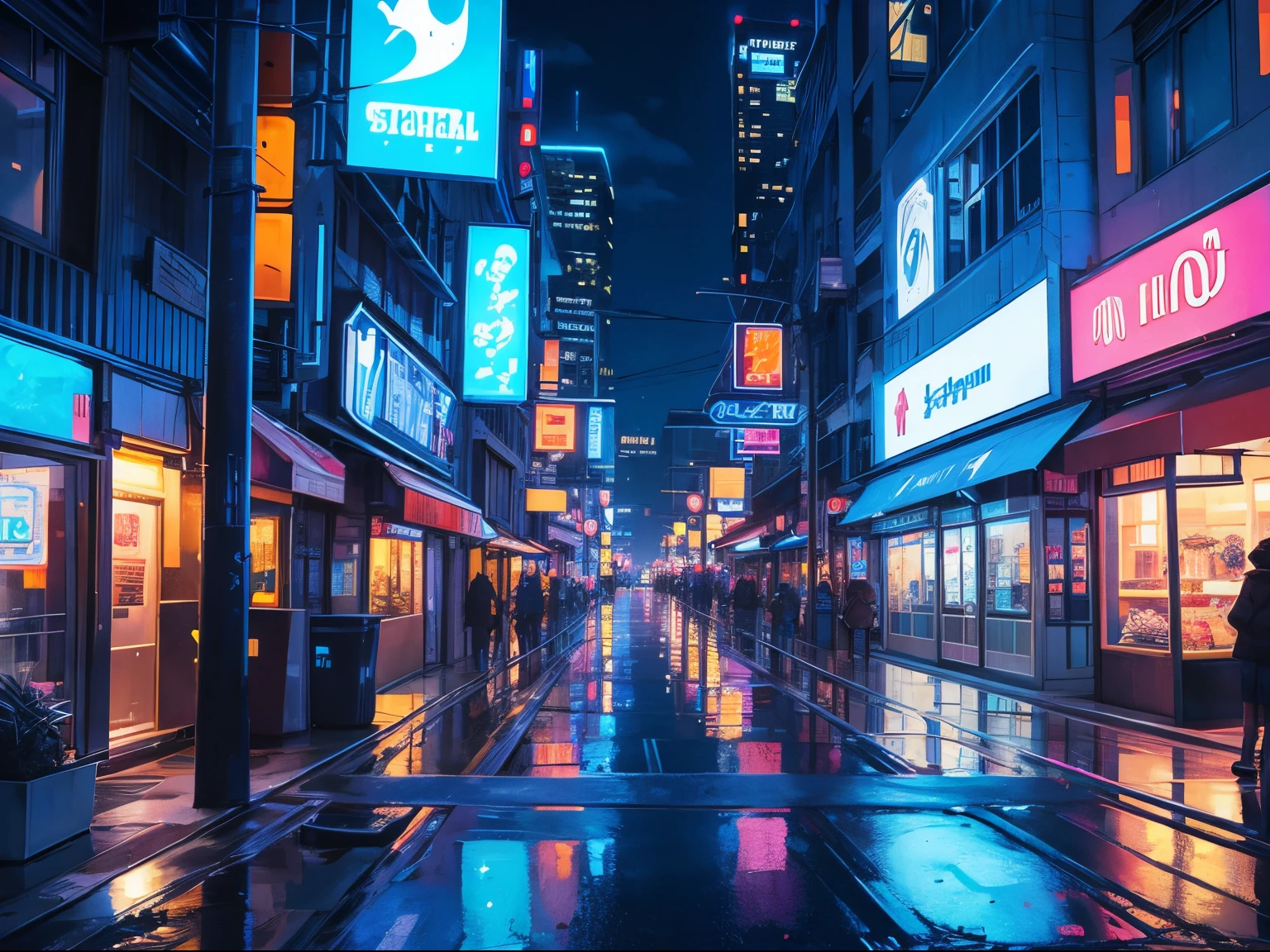 Downtown at night　Blue theme　neons　near future　cyberpunked　Narrow road　shopping street