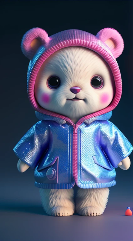 full body，super cute gril, little girl, happy， beartransparent raincoat, bear transparent fluorescenttranslucent holographic pajamas， blind box, popmart design,holographic,diamond luster, metallictexture，fluorescent, holographic，exaggeratedexpressions and movements，raincoatGirl holds atransparent water bottle in her hand, bright light,clay material,precision mechanical parts,close-upintensity,3d,ultra-detailed,C4D ，octane rendering,with bear， Blender,8K，HD