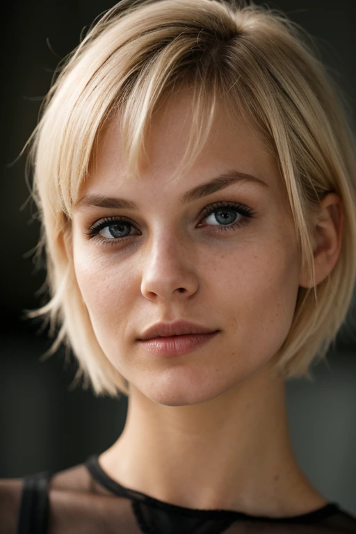 super cute blond woman in a dark theme, short hair, close up,