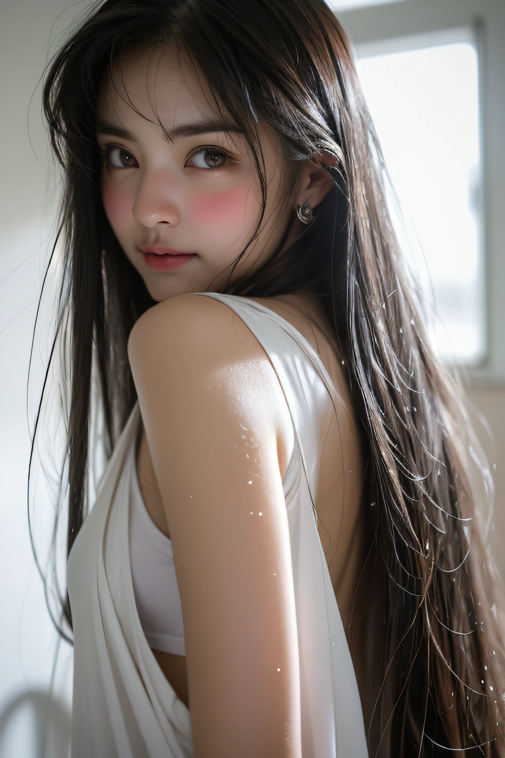 sexy girl in bathroom，Wet pubic hair，Charming eyes，Heartwarming action，from the rear，Turn your face away from the camera，stooped，Bend over，turn back，Look up at your head，transparent silk pajamas ，barechested，thick long hair，Highly detailed body，Highly detailed face，best qualtiy