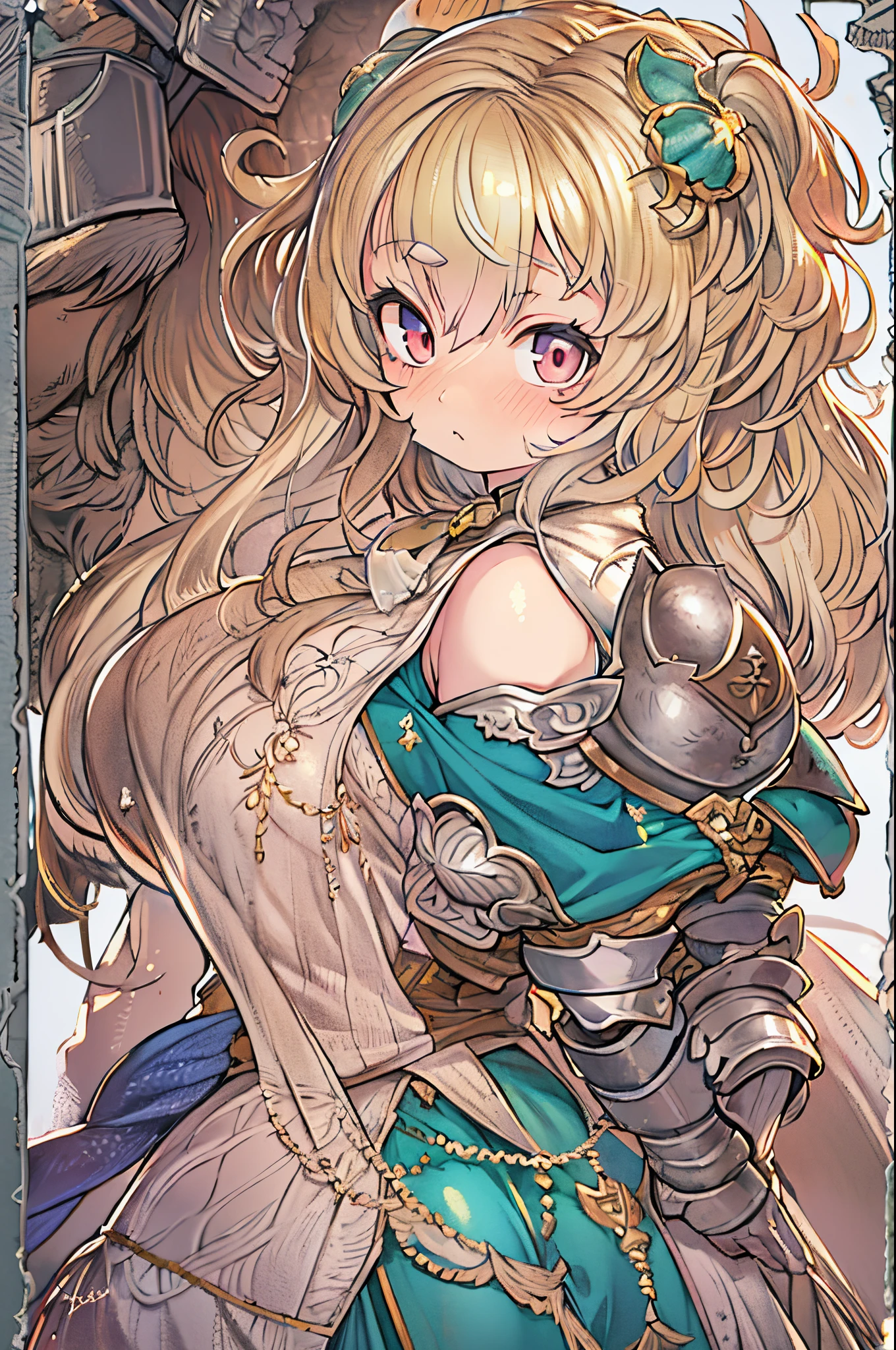 Anime girl with long blond hair in armor and blue dress, armor girl, small curvy loli, portrait knight female, Female protagonist 👀 :8, boris valejo. octopath traveler, crisp clear rpg portrait, Granblue Fantasy, detailed anime character art, jrpg character art, anime character art, Female knight, by Akihiko Yoshida, rpg character art、huge-breasted