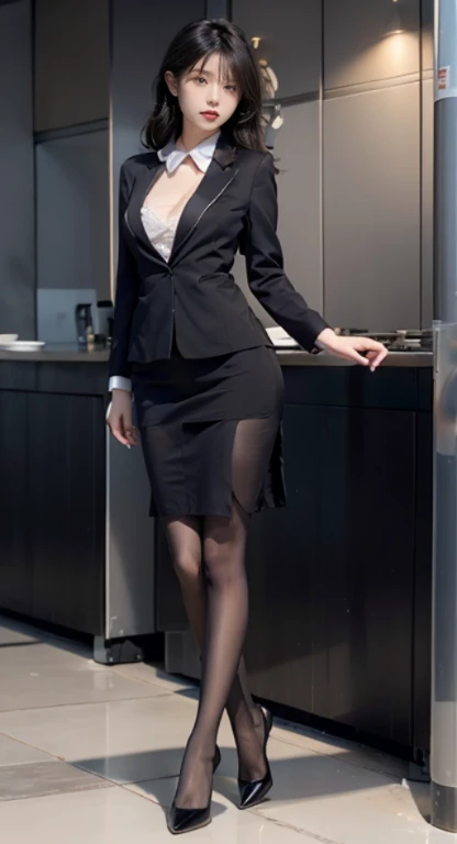 校服,Black hip skirt,black heels,100D black hip socks,black lence stockings,black pantyhoses,Thick black stockings,huge tit,Cocked buttocks,Super detail,hyper HD,A high resolution,1080p,Anatomically correct,ccurate,Physical coordination,Photo portrait,Delicatemakeup,slender thigh,Best quality, Masterpiece, 超A high resolution, RAW photo, Beautiful and aesthetic,deepshadow, (Photorealistic:1.4), full-body composition, Striking perspective,naked
