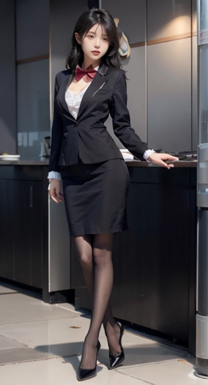 校服,Black hip skirt,black heels,100D black hip socks,black lence stockings,black pantyhoses,Thick black stockings,huge tit,Cocked buttocks,Super detail,hyper HD,A high resolution,1080p,Anatomically correct,ccurate,Physical coordination,Photo portrait,Delicatemakeup,slender thigh,Best quality, Masterpiece, 超A high resolution, RAW photo, Beautiful and aesthetic,deepshadow, (Photorealistic:1.4), full-body composition, Striking perspective,naked
