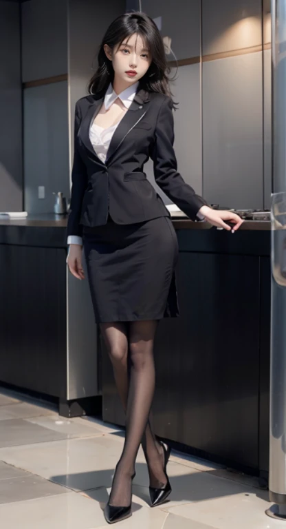 校服，Black hip skirt，black heels，100D black hip socks，black lence stockings，black pantyhoses，Thick black stockings，huge tit，Cocked buttocks，Super detail，hyper HD,A high resolution,1080p,Anatomically correct，ccurate，Physical coordination，Photo portrait，Delicatemakeup，slender thigh，Best quality, Masterpiece, 超A high resolution, RAW photo, Beautiful and aesthetic,deepshadow, (Photorealistic:1.4), full-body composition, Striking perspective，naked