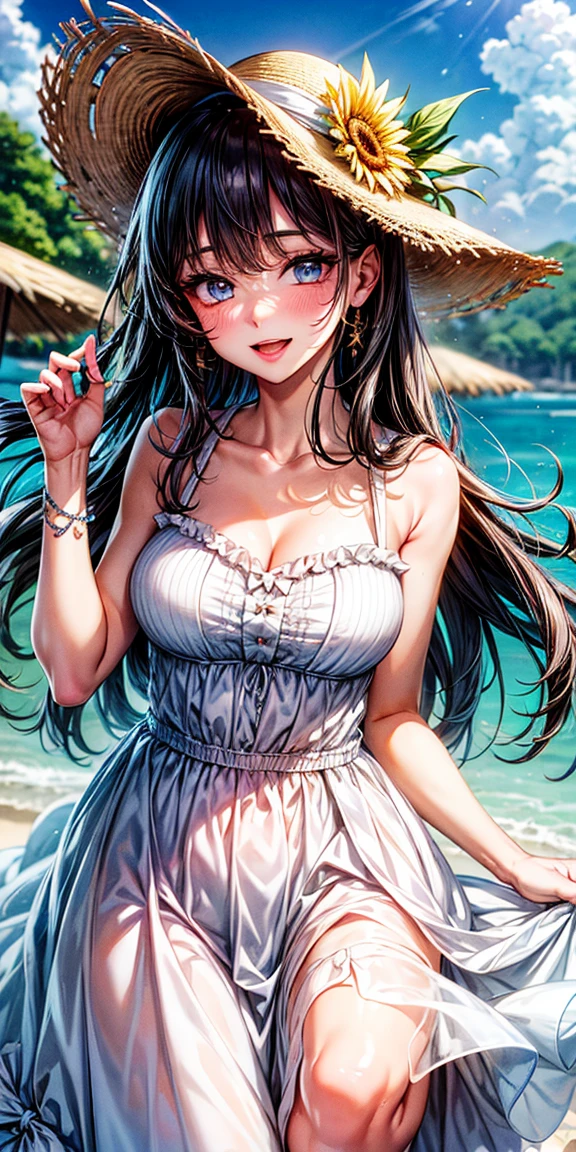 (shoujo-style:1.2), 1girl, hat, solo, flower, dress, sunflower, outdoors, white dress, smile, long hair, black hair, blue eyes, looking at viewer, sky, bangs, breasts, open mouth, cloud, earrings, sundress, day, sun hat, blush, teeth, cleavage, :d, collarbone, jewelry, blue sky, straw hat, sleeveless dress, ribbon, summer, sleeveless, hand on headwear, upper teeth only, bare shoulders, bow, medium breasts, white headwear, field, yellow flower, hat ribbon, frilled dress, frills, standing, blurry, hat bow