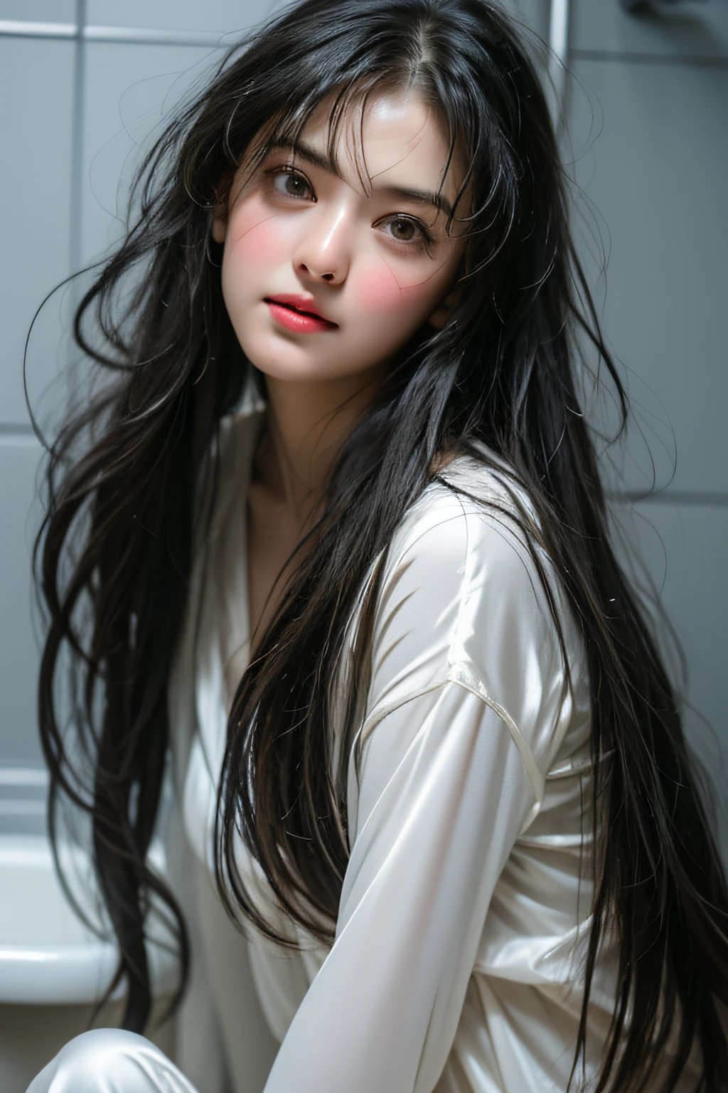 sexy girl in bathroom,Wet pubic hair,Charming eyes,Heartwarming action,from the rear,Turn your face away from the camera,stooped,Bend over,turn back,Look up at your head,transparent silk pajamas ,barechested,thick long hair,Highly detailed body,Highly detailed face,best qualtiy
