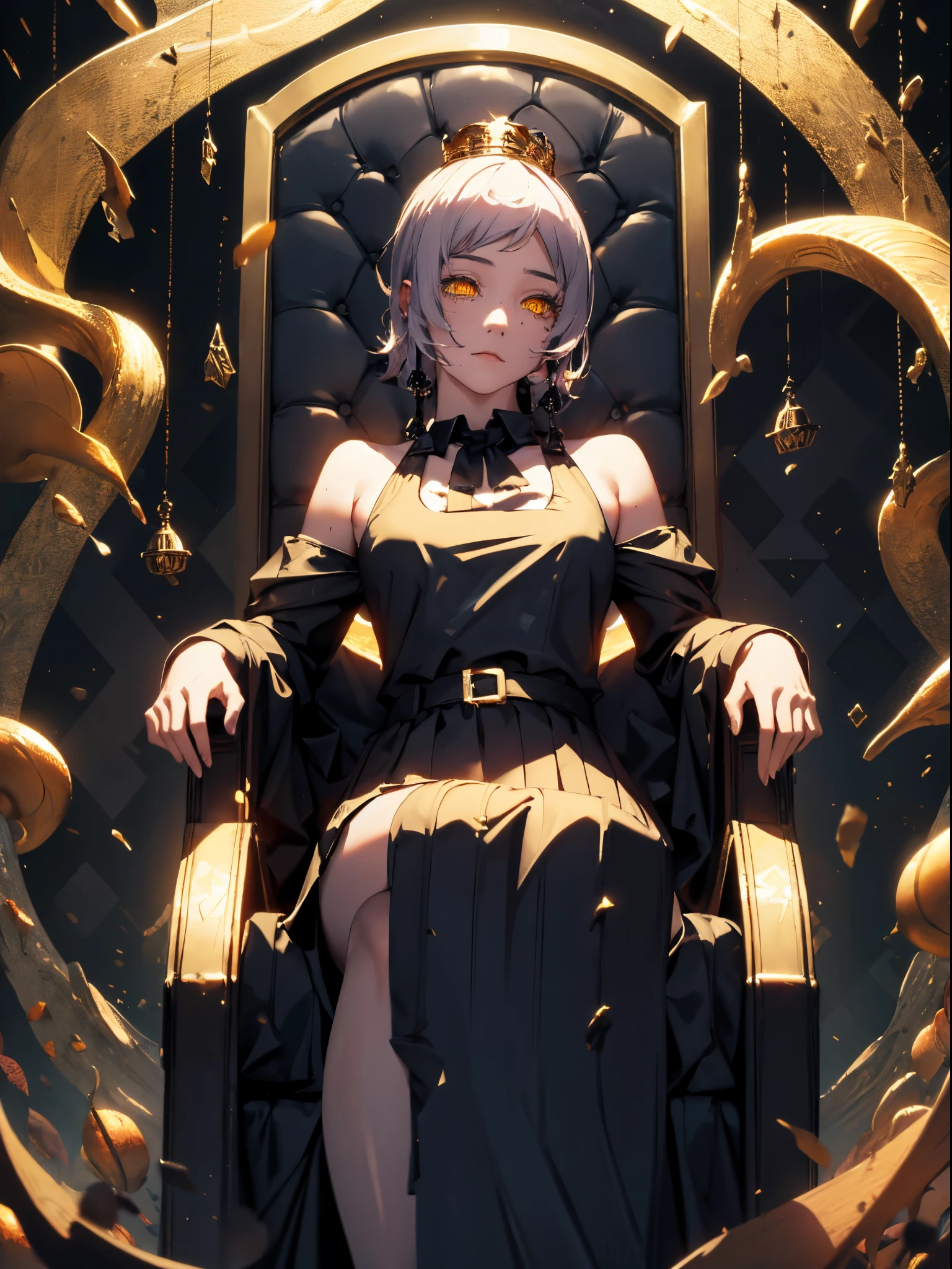 best quality, masterpiece, 1girl, yellow eyes, big yellow crown, crown, queen, black dress, shoulders, throne, Roses, shiny natural skin texture, long dress, small waist, royal, detailed eyes