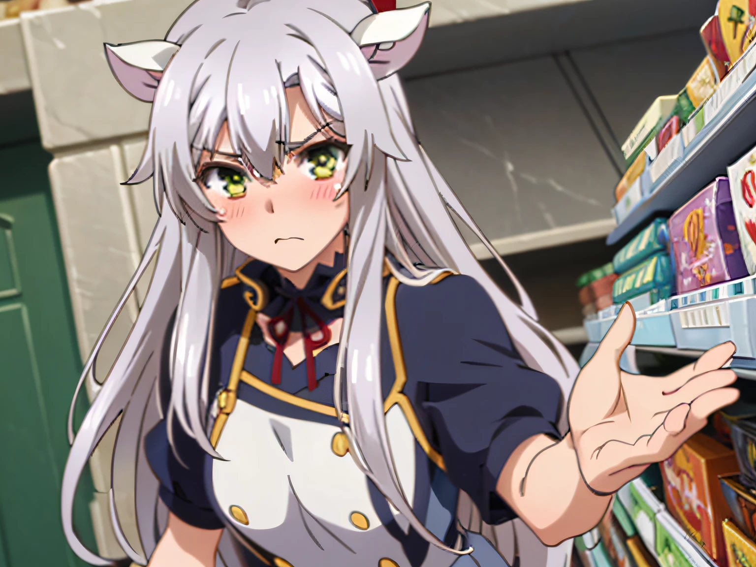 (super high resolution), 1girl, silver hair, green eyes, cat ears, solo, intensive blushes, watery eyes, jealous expression, hand holding other hand, supermarket