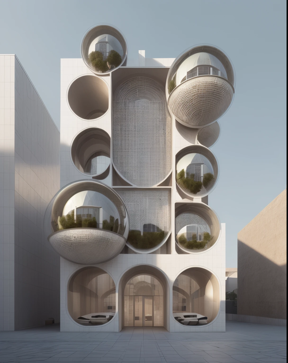a tall building with lots of round windows, a digital rendering by Sophie Taeuber-Arp, featured on cg society, modernism, futuristic, maximalist, vray