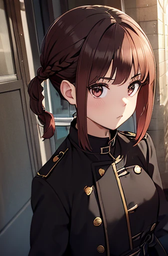 fluffy hair, a short bob, Red hair,Fishing eyes, (((Braided shorthair))), ((asymmetrical length pigtails)), ((Keep your hair down)), Slightly red tide,Gold eyes,Black military uniform, Staring at me, deadpan, dark apartment late at night,Brown boots,((In front of the front door of an old apartment)),aisle,((In front of the entrance)),((black long trench coat)),swollen face,A face that looks like it's turned away,(((close up of face))),((Perspective from above)),((Please open the front of your coat and let me see.............)),