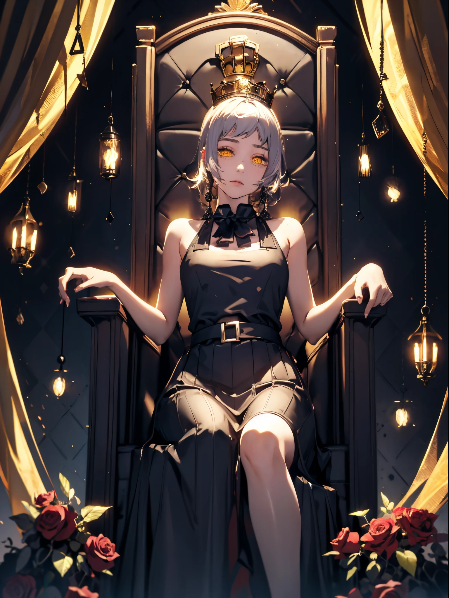 best quality, masterpiece, 1girl, yellow eyes, big yellow crown, crown, queen, black dress, shoulders, throne, Roses, shiny natural skin texture, long dress, small waist, royal, detailed eyes