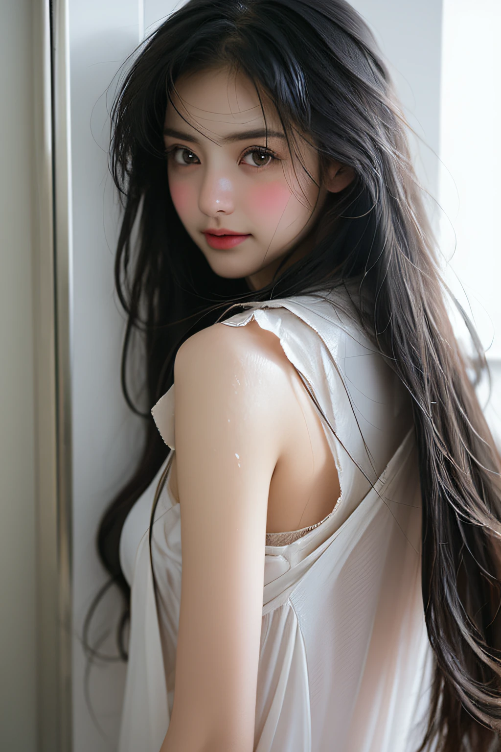 Girl, long hair, whie, camisole