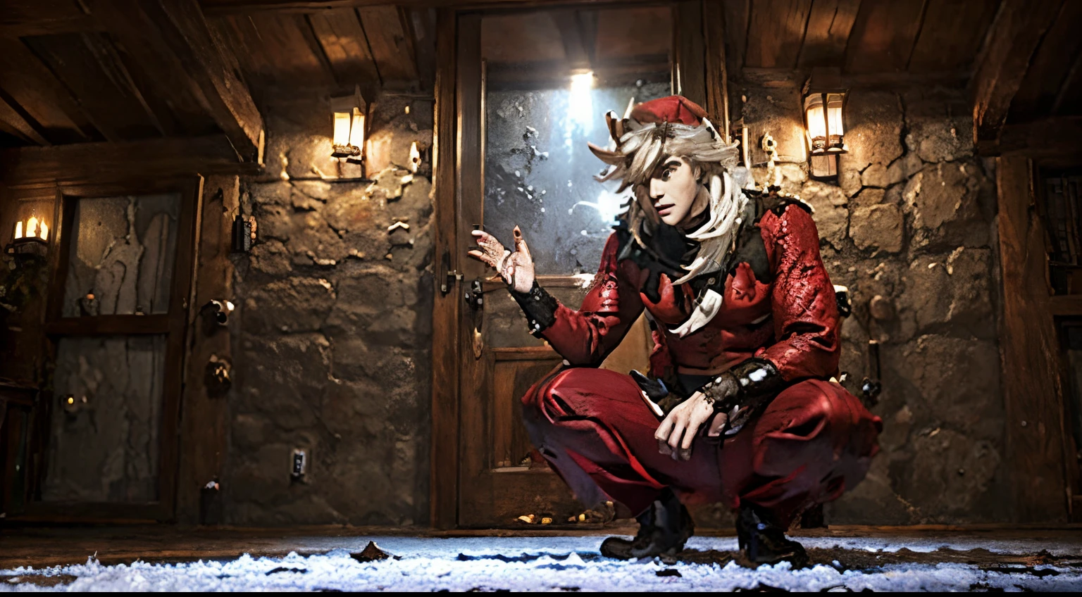 Demon threatening kids, winter fairytale atmosphere, yule, epic concept art illustration