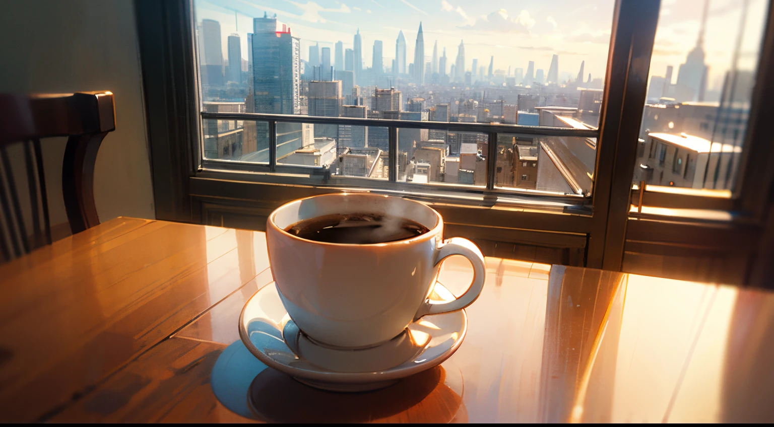 large coffee mug on the table closeup,  relaxing, cozy atmosphere ,window with city view in background