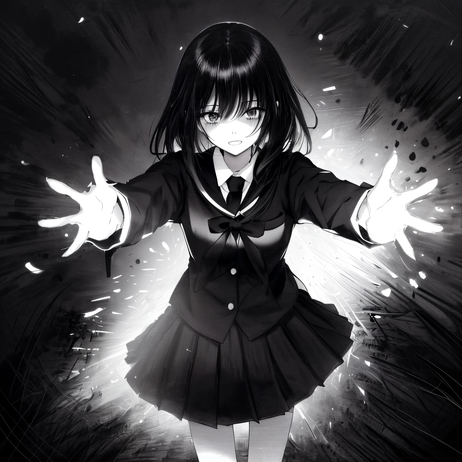 in the style of Chi no Wadachi, manga style, black and white, a girl standing, wearing a light shaded school uniform reaching out for embrace with both hands, surrounded by darkness, black hair, her face scribbled out, ((wide shot)), ((centered)), ((from below, distanced)), ((in the distance surrounded by darkness)), ((shadow over eyes)), ((black background))