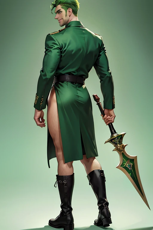 masterpiece, best quality, Highly detailed, {1man}, green eyebrows, green hair, asymmetrical hair, combat boots, back view, expressive eyes, perfect face, sideburns, green eyes, {massive colossal body builder body}, {tall}, wears green jacket, huge long spear axe on his back, ((light background)), (full body), back view looking and smiling at viewer
