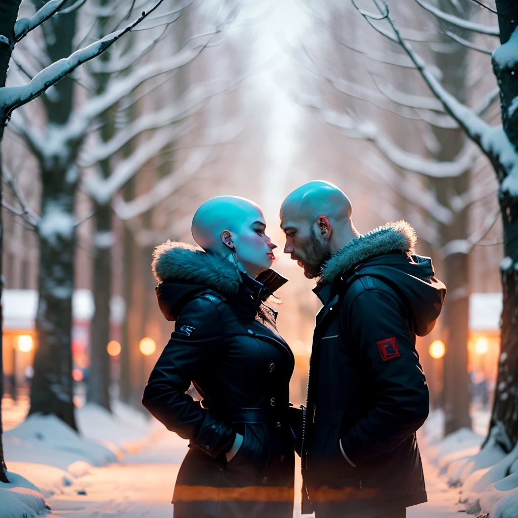 Silhouette of bald man, woman, in love, winter, dark --auto --s2