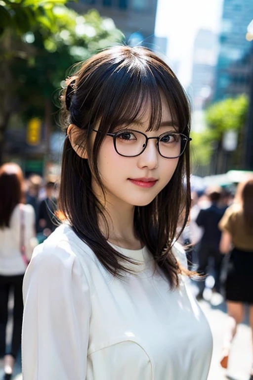 (8K、Raw photography、top-quality、masterpiece:1.2)、(realisitic、Photorealsitic:1.37)、ultra-detailliert、超A high resolution、女の子1人、see the beholder、beautifull detailed face、A smile、Constriction、(Slim waist) :1.3)、((White blouse clothes))、Beautiful detailed skin、Skin Texture、Floating hair、((Hair bunched into one))、large full breasts、Professional Lighting、In front of the station at noon、((Black square glasses))、Whole human body、Brown hair