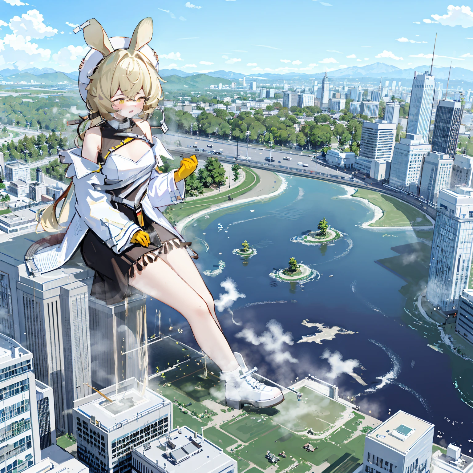 NSFW，​​{A giantess}，{1 busty girl}，{are standing}，{urine discharge}​​，​​clouds， looking over city， mountain ranges， tmasterpiece, Best quality at best, The content is very detailed,tmasterpiece,Best quality at best,offcial art,extremely detaild的 CG unified 8k wallpapers，{{{A giantess}}}，Huge girl，1 girl，modern miniature city，pissing，Pee everywhere，no shoe，{blackstockings}，The face is red，comfortable expressions，pissing，urine，produce urine，Urine eruption，Urine gives off steam，{Pee while standing on a modern miniature city}，The city is full of urine