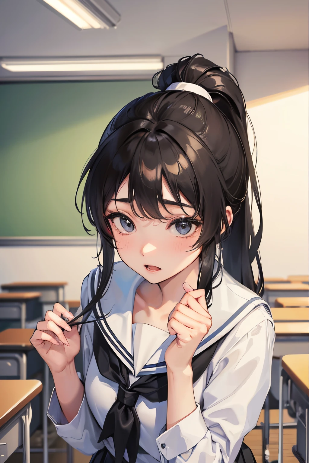 In the anime picture, she is a 16-year-old Japanese schoolgirl with black hair in a ponytail, height 160 cm, weight 50 kg, wearing a sailor suit, pulling up her skirt and trying to take off her underwear, and her slightly glossy expression showing her shyness as she is conscious of the other person. expression The location is a classroom with desks lined up.。
